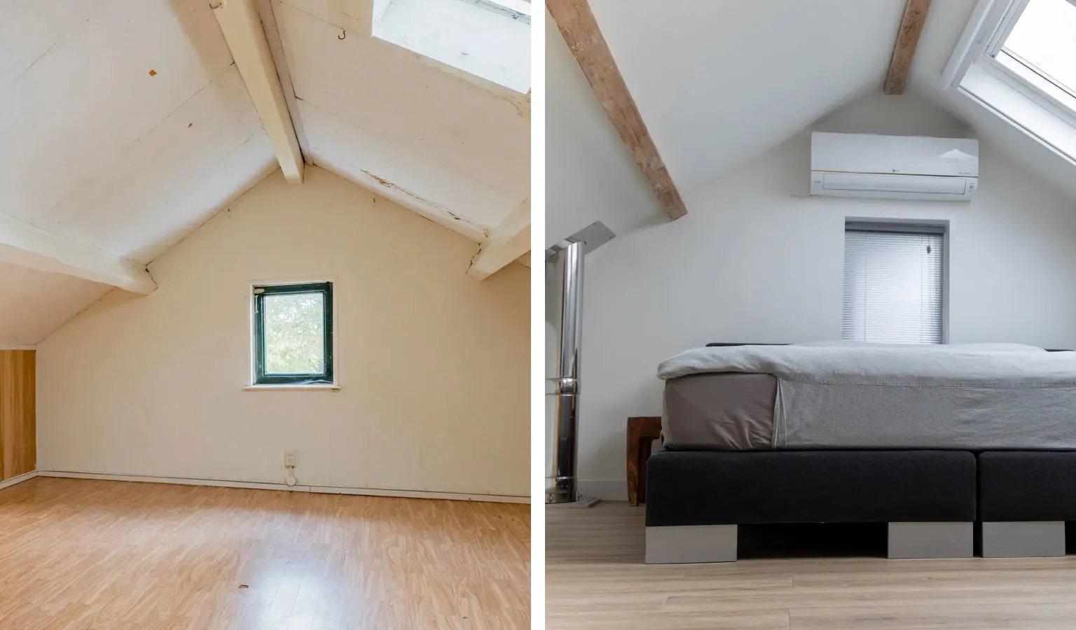 De slaapkamer van het voormalig spoorwachtershuis in Leusden voor en na de verbouwing.