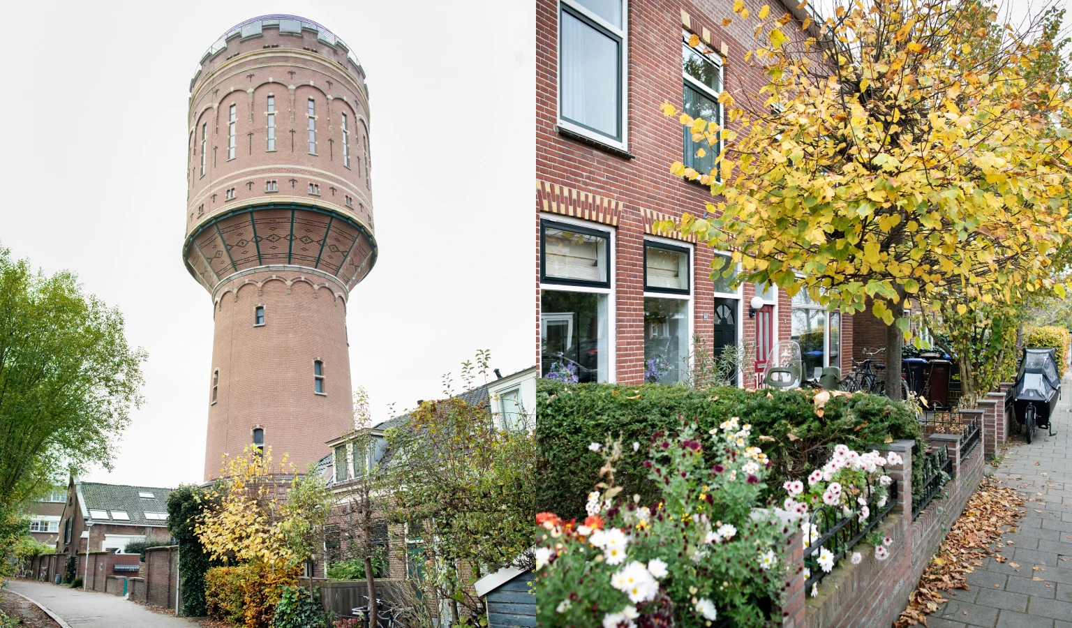 Tweeluik van een watertoren en straat met karakteristieke jarendertighuizen rondom de Utrechtse Tolsteeg.
