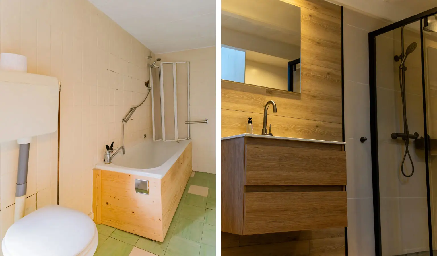 De badkamer van het voormalig spoorwachtershuis in Leusden voor en na de verbouwing.
