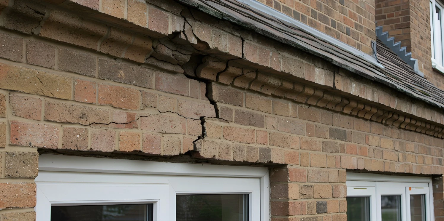 Voorgevel van huis waar duidelijk een scheur in de stenen te zien is boven het raamkozijn.