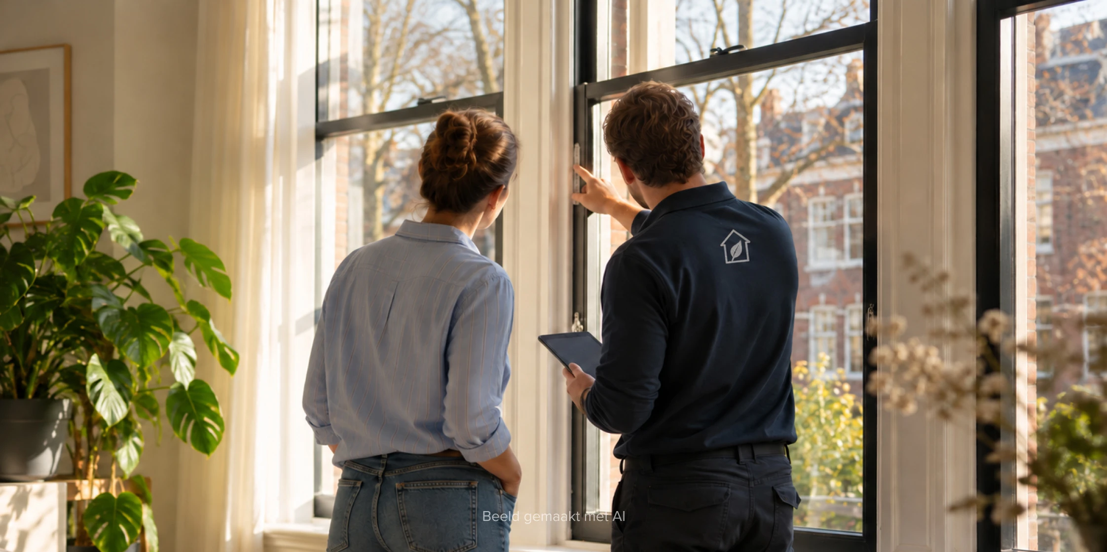 Energie-adviseur kijkt samen met vrouw in woonkamer naar de ramen en kozijnen van het huis.
