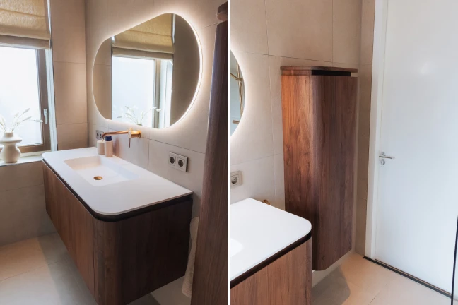 Linkerbeeld: bruin houten badmeubel met ingebouwde witte wastafel, messing kranen en daarboven een ovalen spiegel. Rechterbeeld: smalle, staande, zwevende houten kast naast badmeubel.