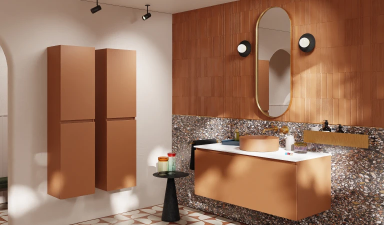 Trendy badkamer 2026 met hout en ronde spiegel en accesoires.