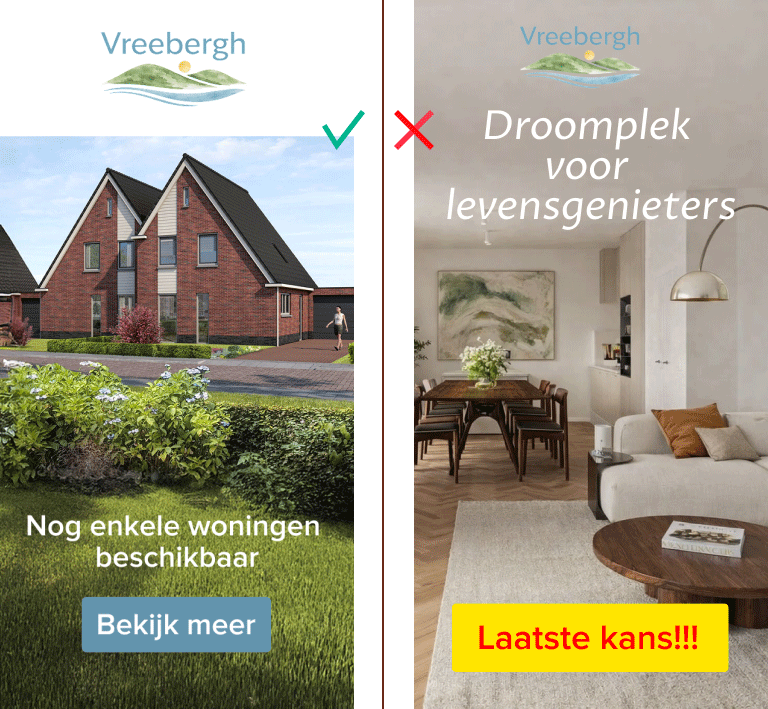Linker beeld: een voorbeeld van een goede half page advertentie voor nieuwbouw, met subtiele urgentie en een laagdrempelige CTA. Rechts een slecht voorbeeld.