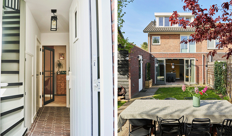 De gang en de achtertuin van de twee-onder-een-kapwoning van Maarten en Femke.