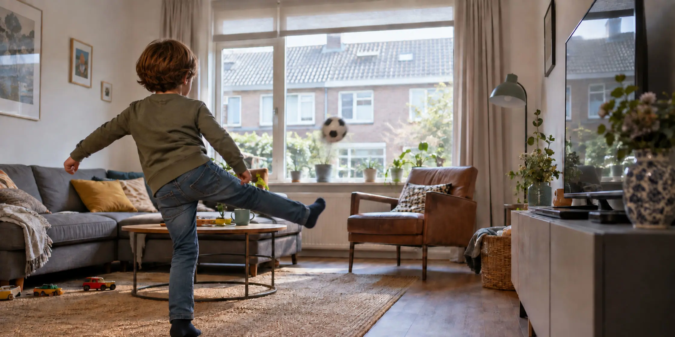 Jongetje in woonkamer schiet voetbal richting het raam.