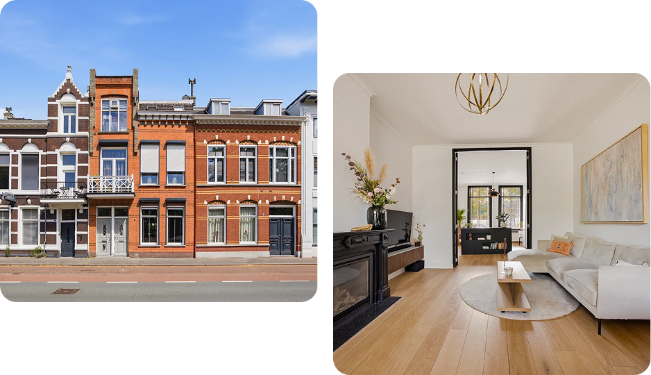 Links: vooraanzicht van gevel huis Bart en vriendin, tussen andere panden. Rechts: foto van de woonkamer van het nieuwe huis met aan de linkerkant een haard en rechts een witte bank. 