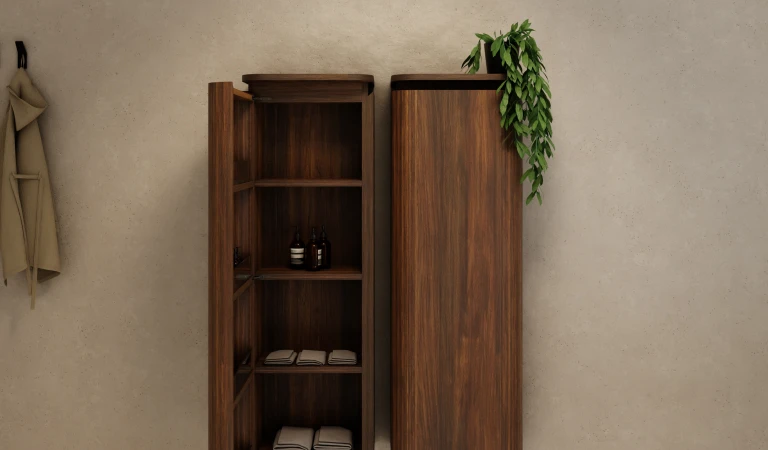 Twee houten badkamerkasten naast elkaar.