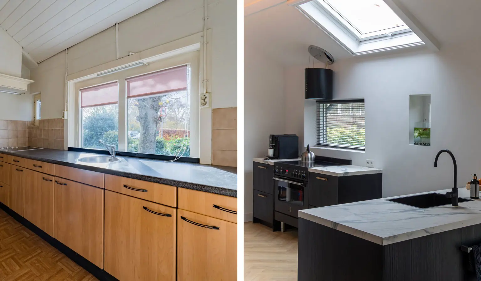 De keuken van het voormalig spoorwachtershuis in Leusden voor en na de verbouwing.