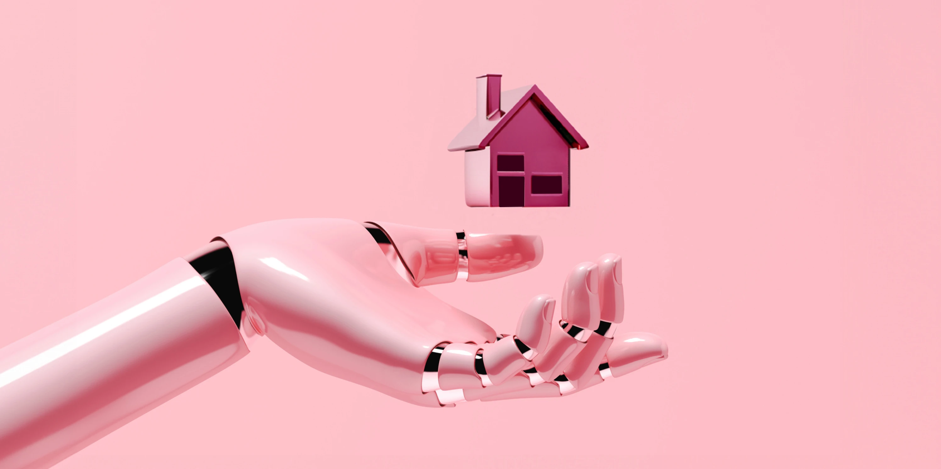 Een bionische hand waarboven een huisje zweeft tegen een roze achtergrond.