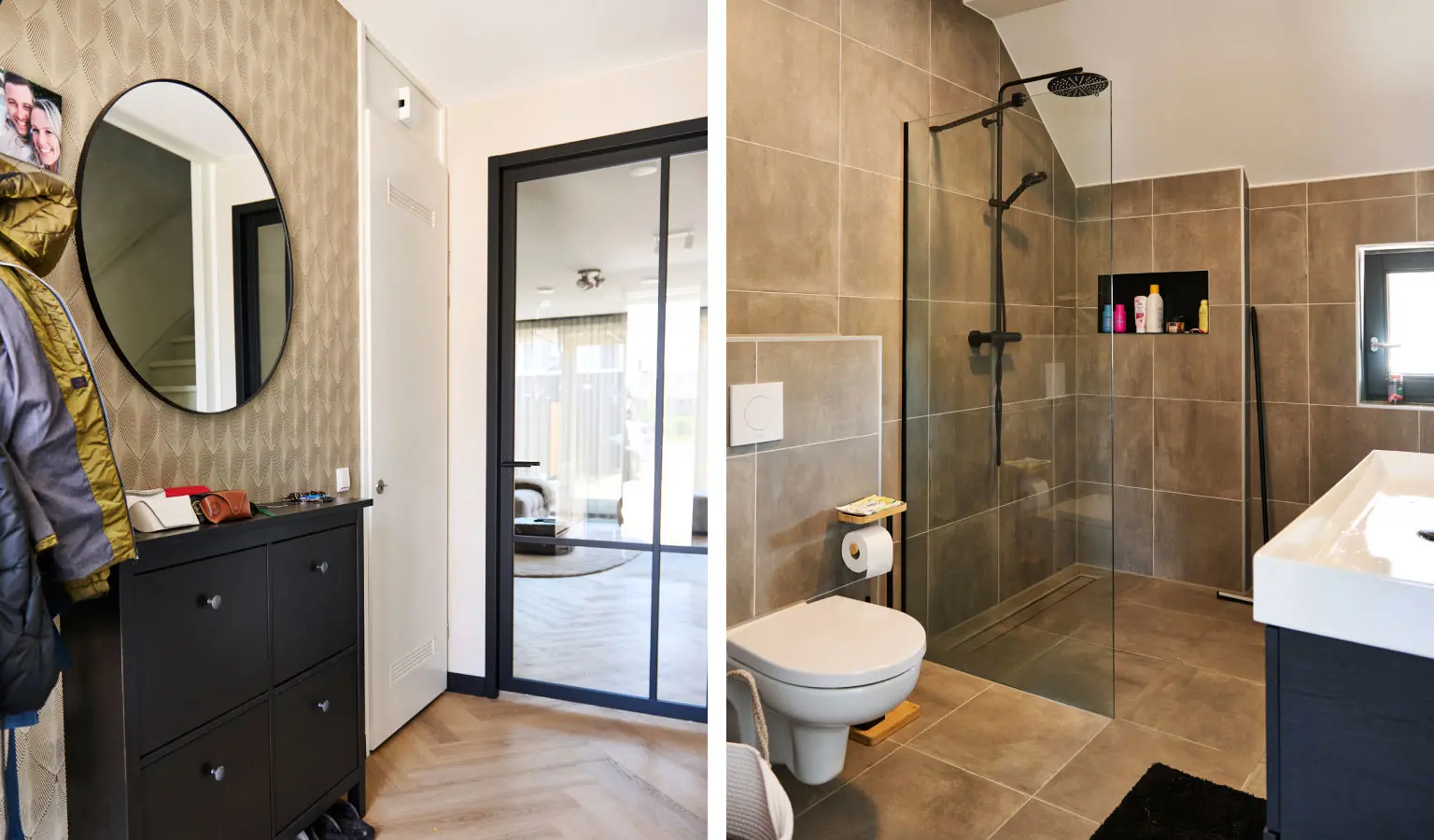 De hal met stalen deur naar de woonkamer (foto links) en de met bruine tegels afgewerkte badkamer (foto rechts) van de nieuwbouw tussenwoning van Karlijn en Jordy in Hendrik-Ido-Ambacht.