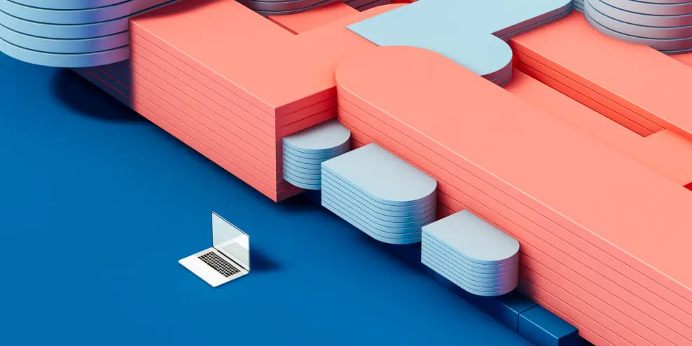 Een illustraite van een laptop voor een serie figuatieve gebouwen.