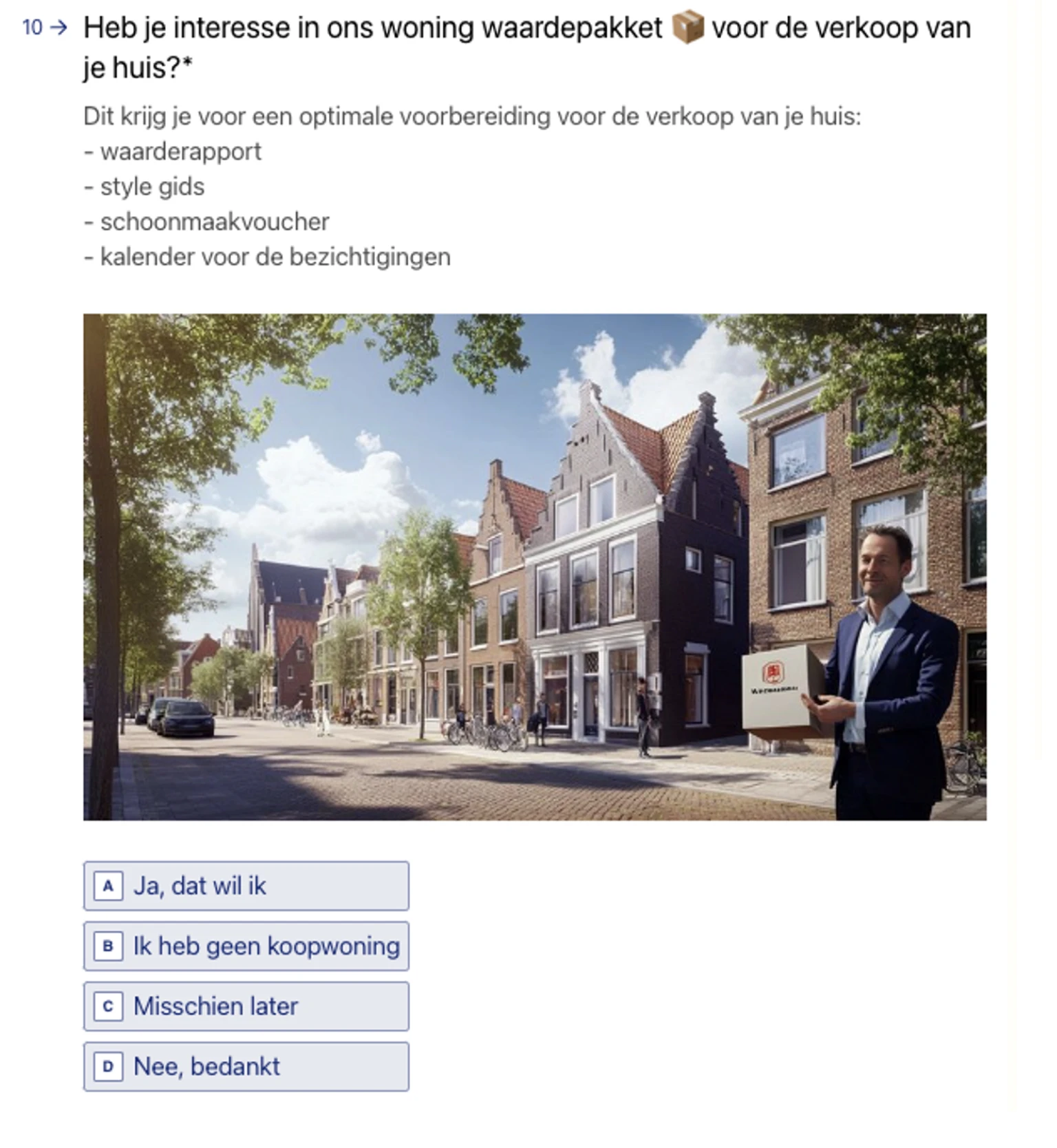 Voorbeeld van mailing aan klanten die hun eigen huis nog moeten verkopen: een waardebepaling aan in de vorm van een pakket.