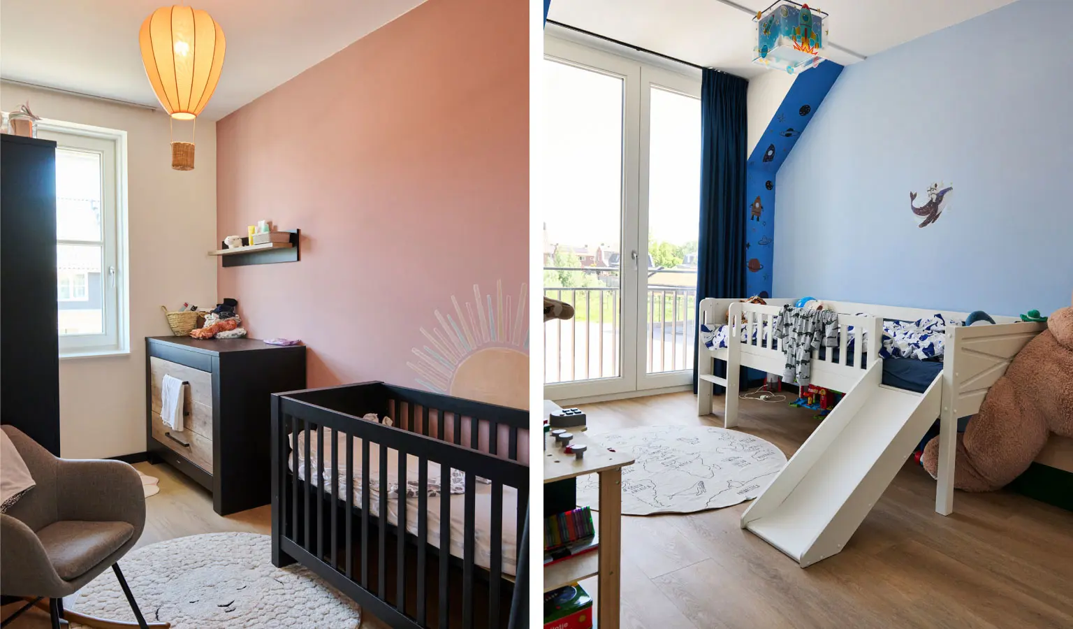 De twee kleurige kinderkamers voor de kinderen in de nieuwbouw tussenwoning van Karlijn en Jordy in Hendrik-Ido-Ambacht.