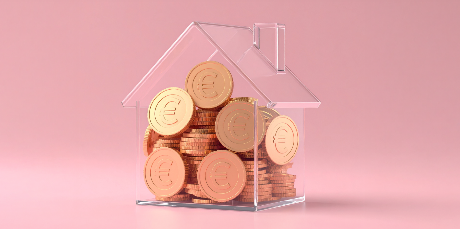 Doorzichtig huisje van plastic met euromunten erin tegen een roze achtergrond.
