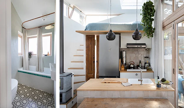 Links: badkamer in het tiny house van Marjolein Jonker. Rechts: de keuken met aan de linkerkant een trap naar boven.