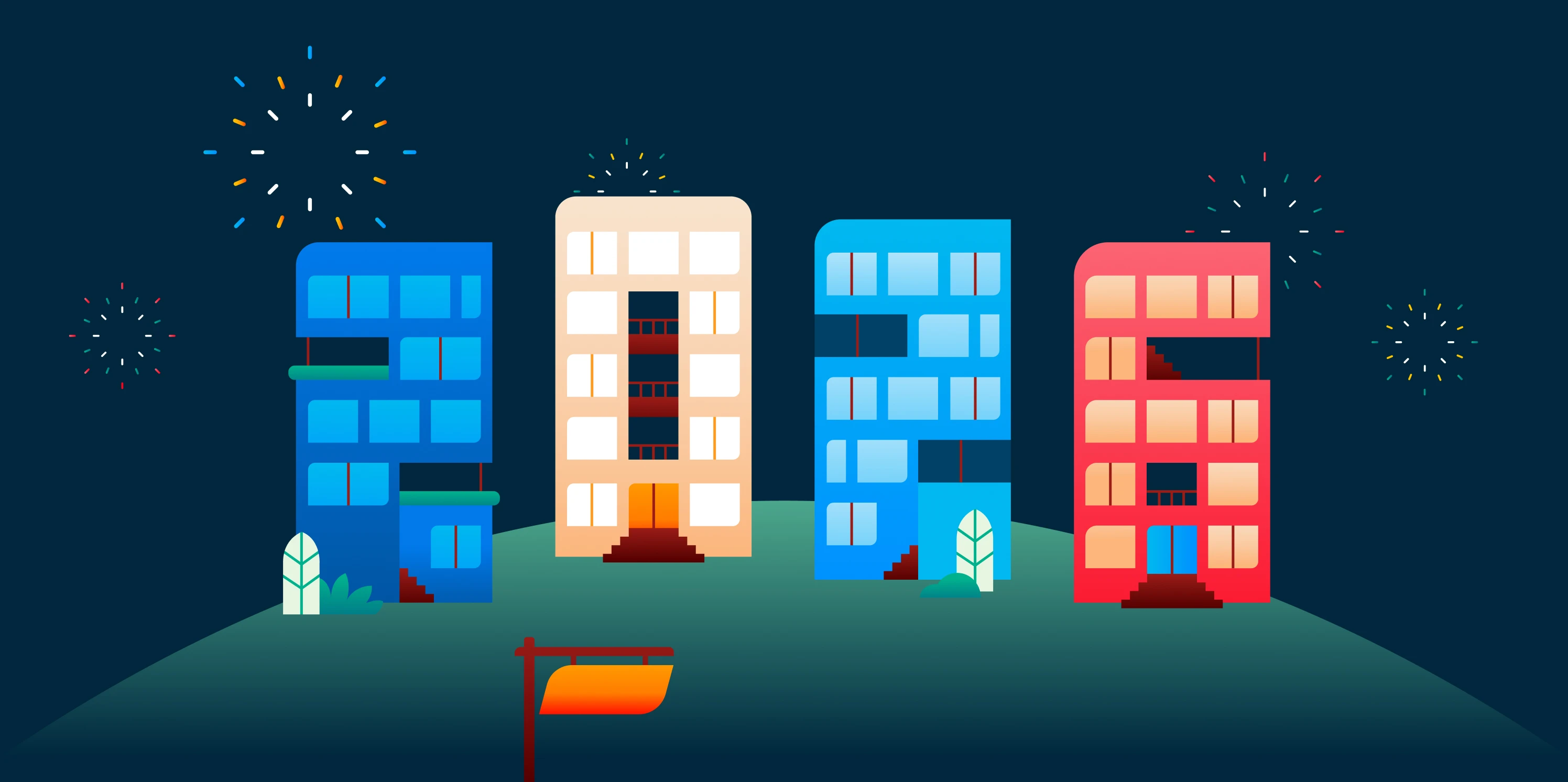 Illustratie van de letters 2026 weergegeven in flatgebouwen tegen een donkere achtergrond.