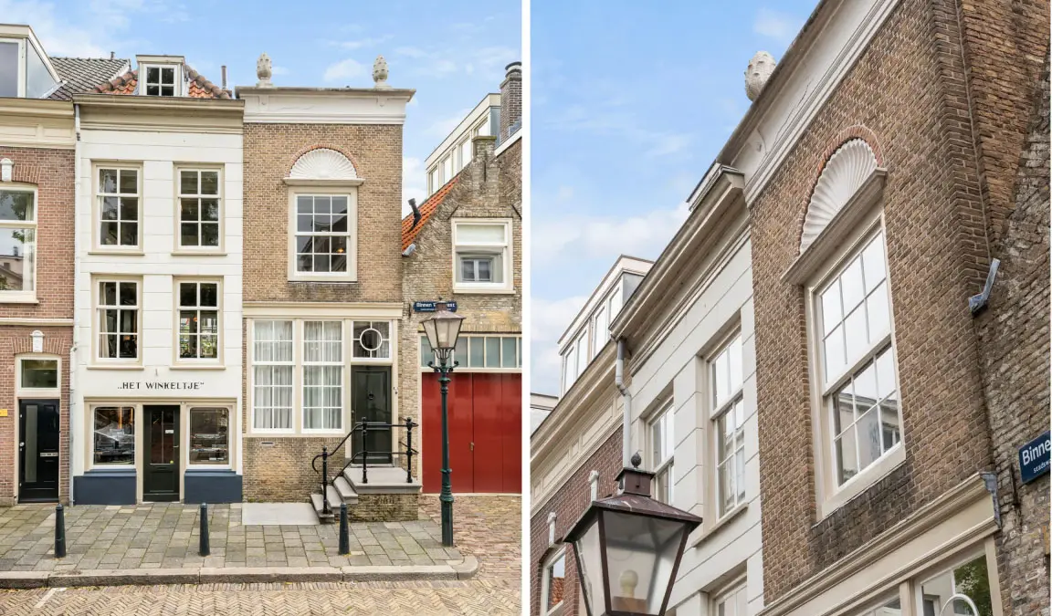Links: vooraanzicht van het pand 't Winkeltje in Dordrecht. Rechts: detail van de gevel met schelpdetail boven het raam.