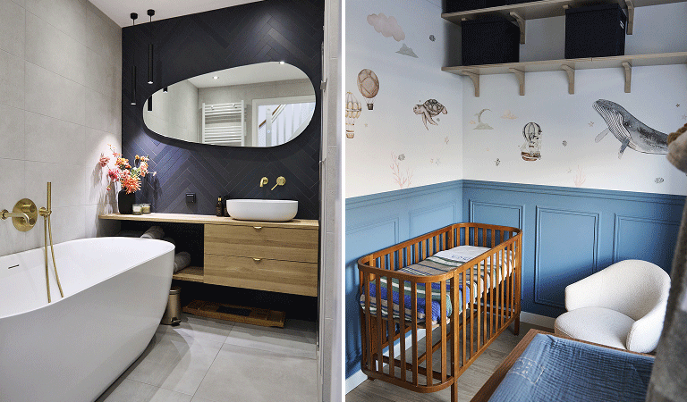 Linkerbeeld: de badkamer met een vrijstaand wit bad. Op de achtergrond een licht houten badmeubel met losse waskom er erboven een brede, ovale spiegel.
Rechterbeeld: de babykamer met houten, blauwe lambrisering aan de muur en een bruin houten kinderbedje.