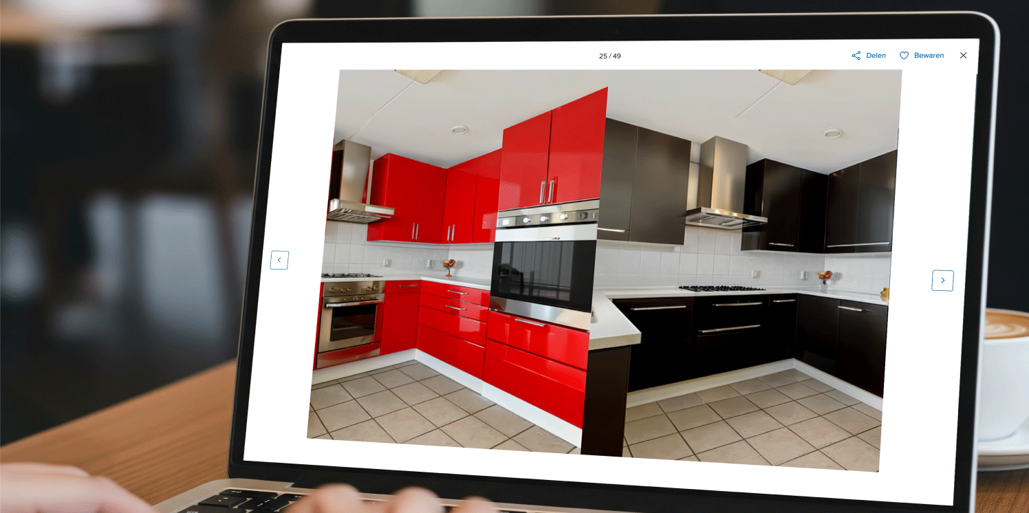 Laptopscherm met daarop links een keuken met rode kastjes en rechts dezelfde keuken met zwarte kastjes, bewerkt met AI. 