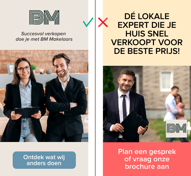 Links: een goed voorbeeld van een half page kantooradvertentie: laagdrempelig, persoonlijk en duidelijk. Rechts: een voorbeeld van een slechte half page kantooradvertentie.