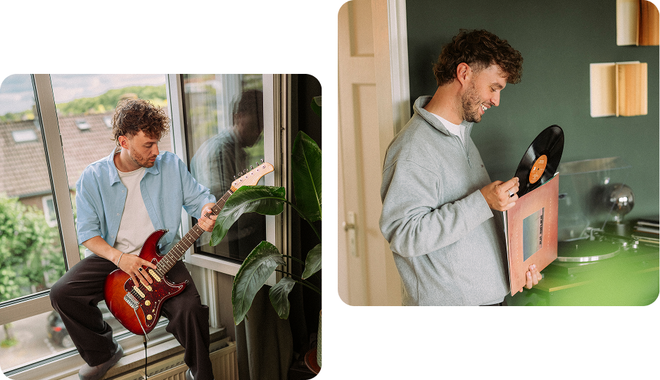 Linkerbeeld: Bart zit in de vensterbank van een open raam en speelt op zijn elektrische gitaar. Rechts: Bart haalt een LP uit een platenhoes.