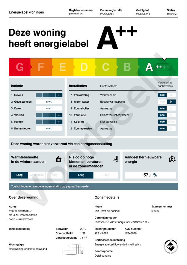 Voorbeeld van een definitief energielabel. Hier staat op welk label de woning heeft en hoe lang het label geldig is. Op de pagina's erachter (niet afgebeeld) staat een toelichting en aanbevelingen om de woning energiezuiniger te maken.