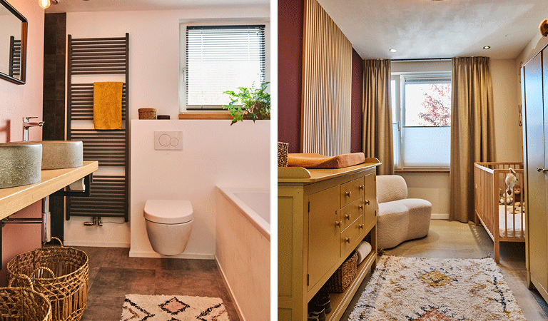 De gerenoveerde badkamer met nieuw toilet van de twee-onder-een-kapwoning van Maarten en Femke.