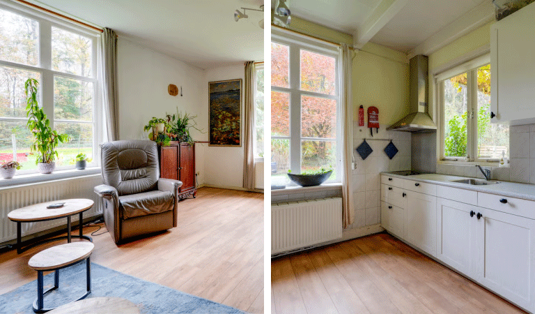 Interieur van het boshuis zoals dit op Funda werd aangeboden. Links een deel van de woonkamer met een stoel, rechts de wit uitgevoerde keuken.
