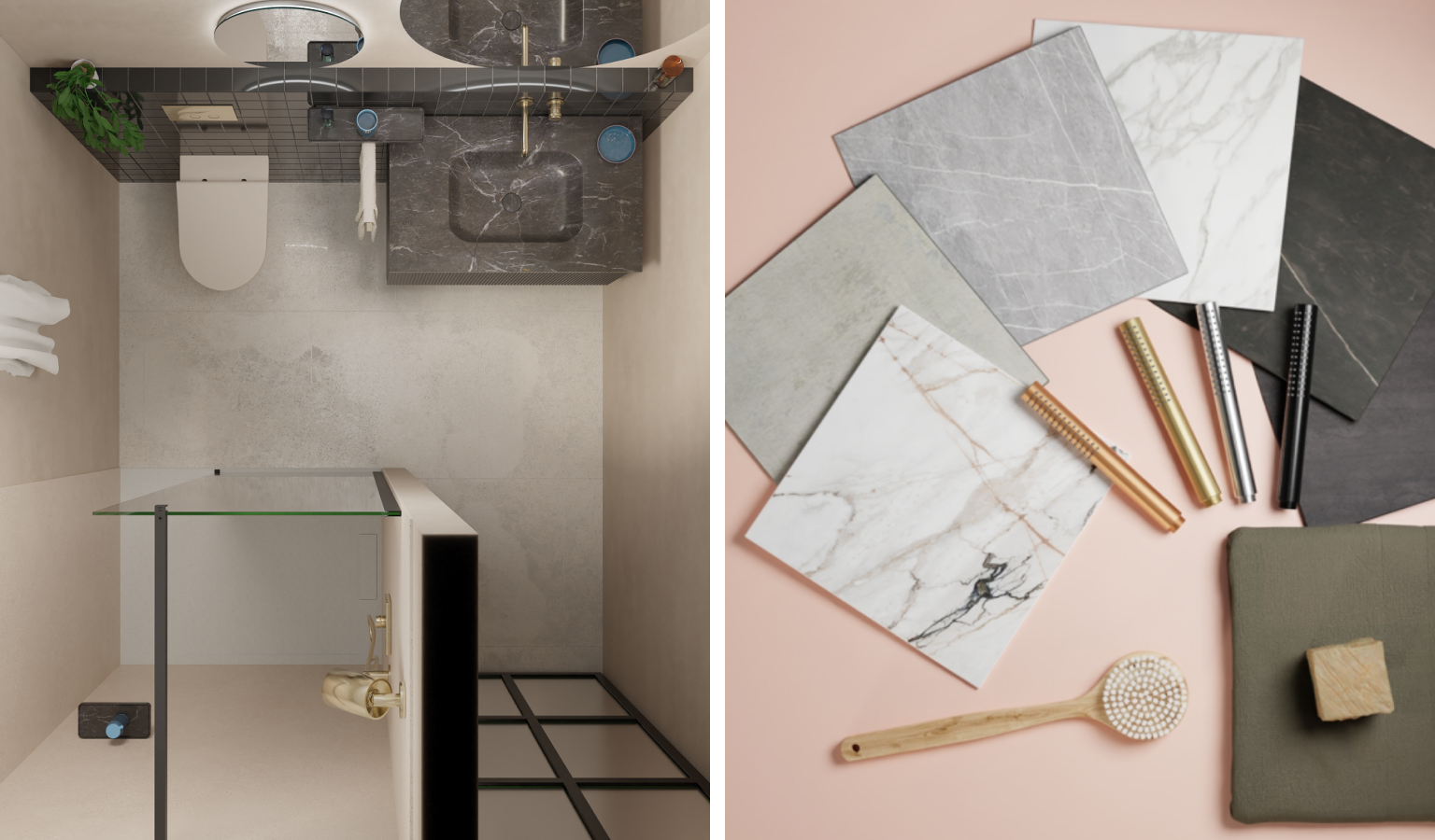 Links: bovenaanzicht van badkamerindeling. Rechts: kiezen uit verschillende kleuren en patronen tegeltjes.