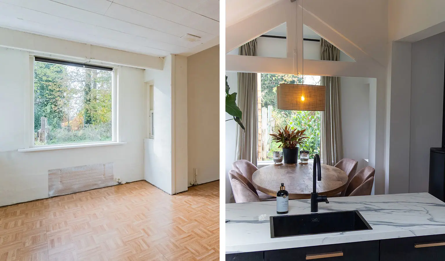 De woonkamer van het voormalig spoorwachtershuis in Leusden voor en na de verbouwing.