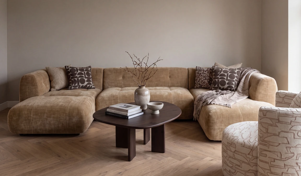 U-vormige beige bank tegen taupe-kleurige muur. Voor de bank staat een donker houten salontafel. Op de bank liggen bruin-witte sierkussens en een bruin-witte plaid.