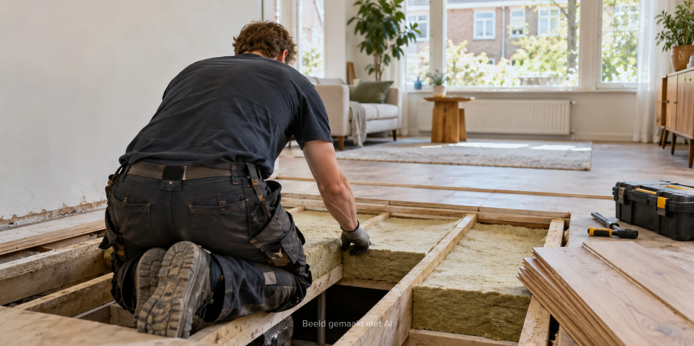 Een man bezig is om vloerisolatie in een huiskamer aan te brengen.