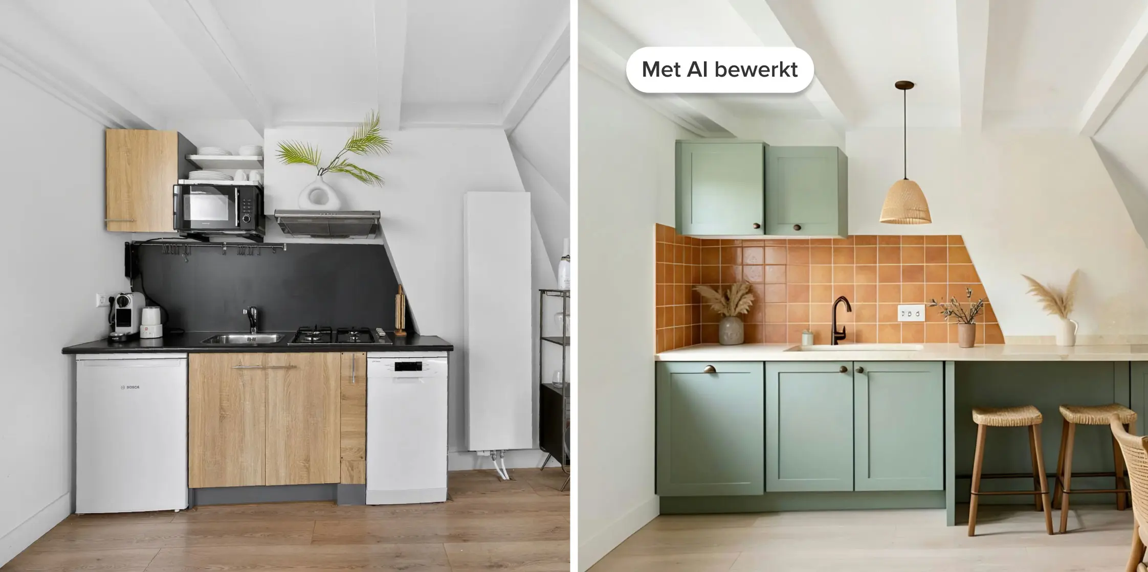Voorbeeld van een oude keuken die bewerkt is tot een modernere versie met AI.