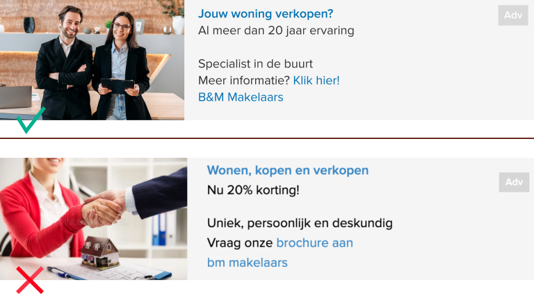 Boven: een goed voorbeeld van een in feed kantooradvertentie, met een duidelijke boodschap en een foto van de verkopende makelaars. Onder: een voorbeeld van een slechte kantooradvertentie.