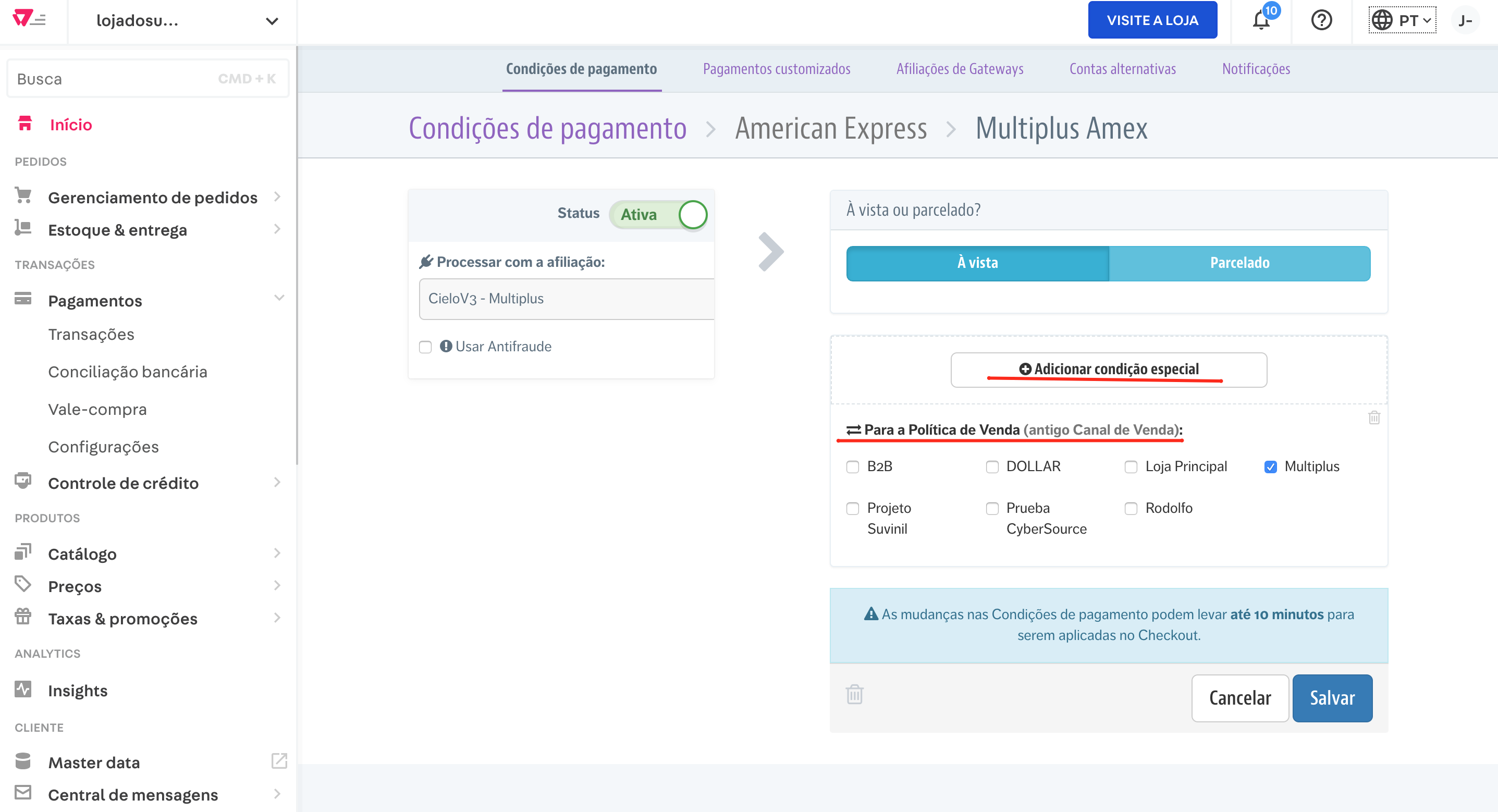 Configurar condições especiais de pagamento  VTEX Help