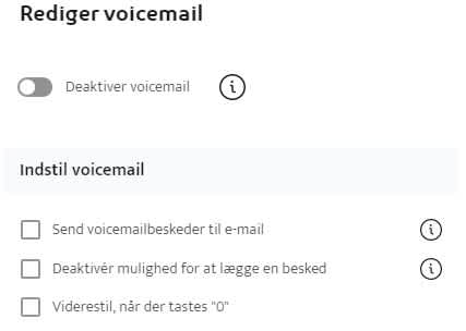 Billedet viser indstillinger for Voicemail i Selvbetjening - TDC Erhverv.