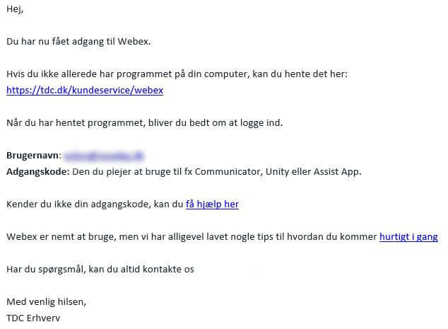 Billedet viser Webex velkomstmail fra TDC Erhverv