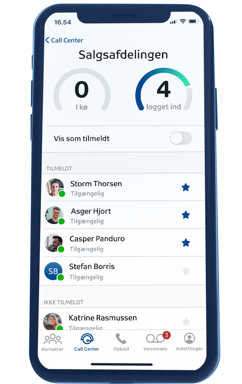 Billedet viser hvordan Call Center ser ud i Assist appen