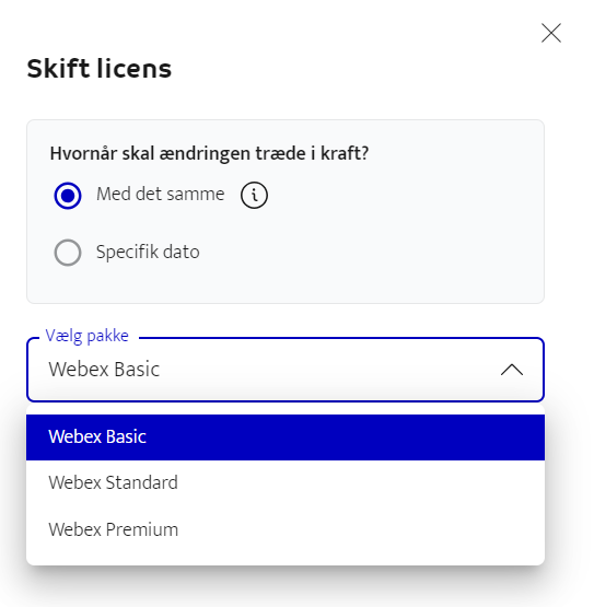 Billedet viser hvordan du vælger en anden type licens til webex
