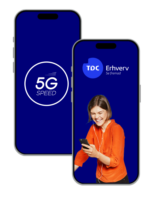To mobiler - en med 5G logo og en med kvinde på - TDC Erhverv, Mobilabonnement til erhverv, Erhvervstelefoni