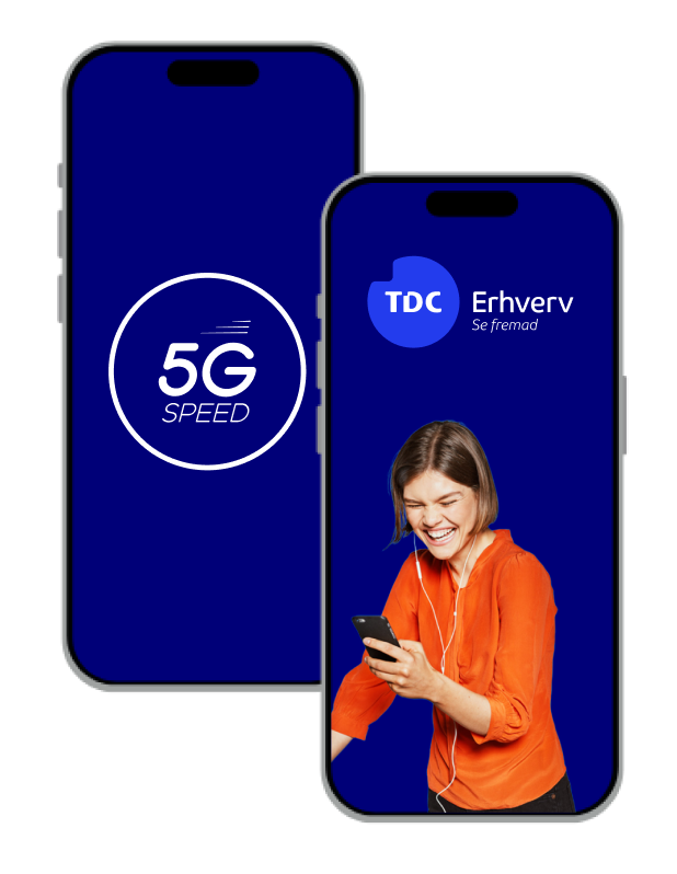 2 mobiler - en med 5G logo og en med kvinde på - TDC Erhverv, Mobilabonnement til erhverv