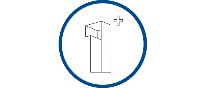 Billedet viser en cirkel, med ét et tal og et plus i. Loget for One+