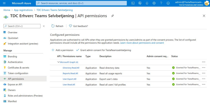 Billedet viser hvor du laver API permissions i Microsoft Azure