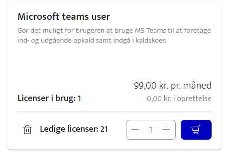 Billedet viser Microsoft Teams licens og hvor den tildeles i Selvbetjening