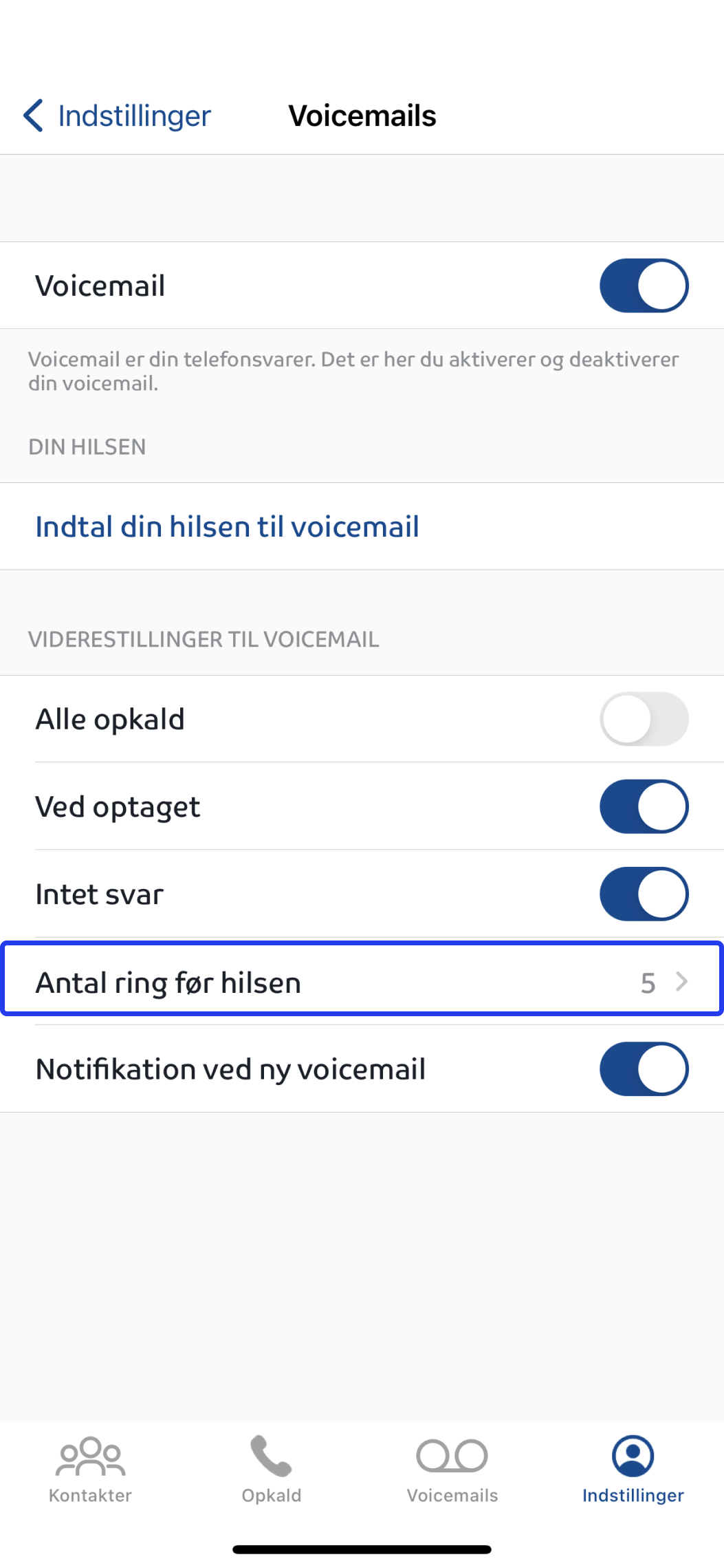 Billedet viser hvordan man indstiller antal ring før hilsen i Assist appen