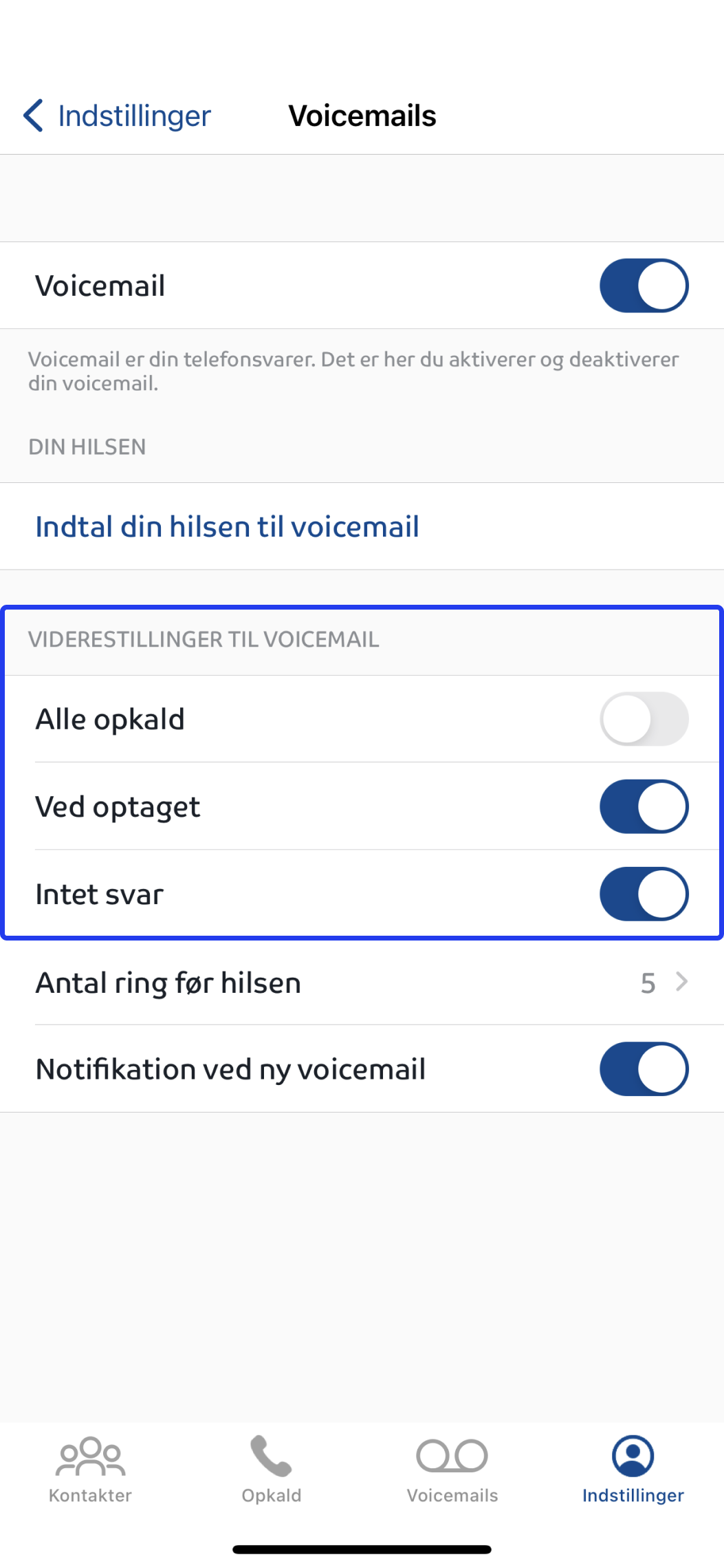 Billedet viser hvordan du slår voicemail til i forskellige scenarier