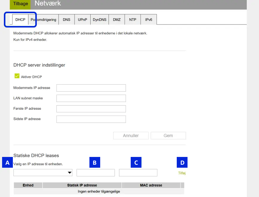 Billede viser hvor du finder DHCP knappen i din HGW5 router