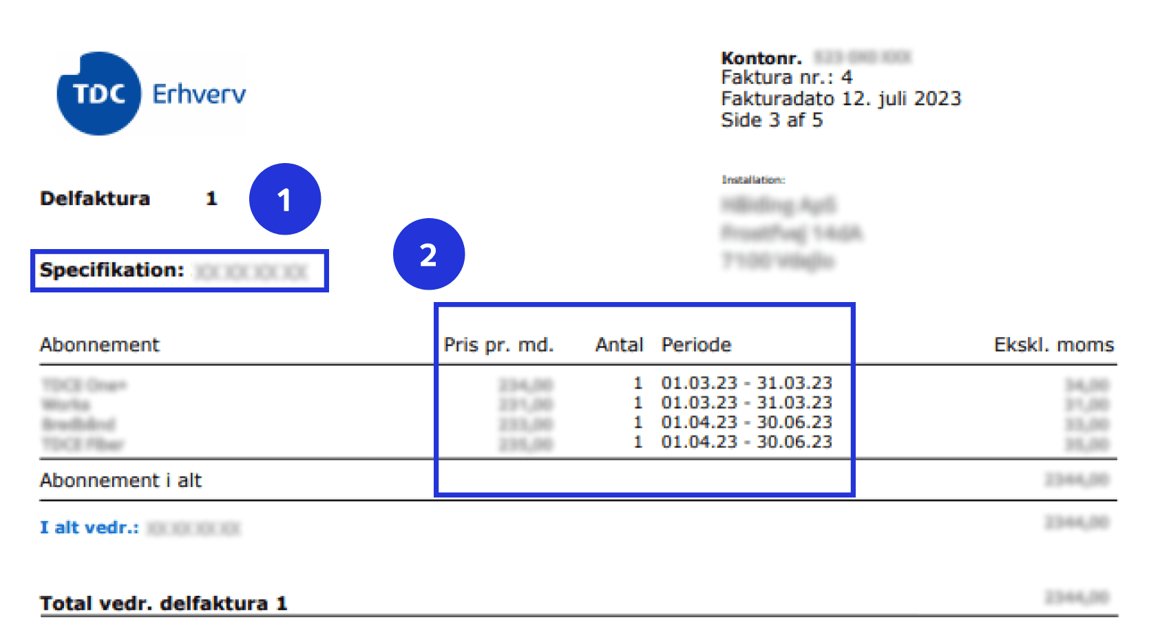 Billedet viser et eksempel på side 3 af en faktura fra TDC Erhverv med forklaring