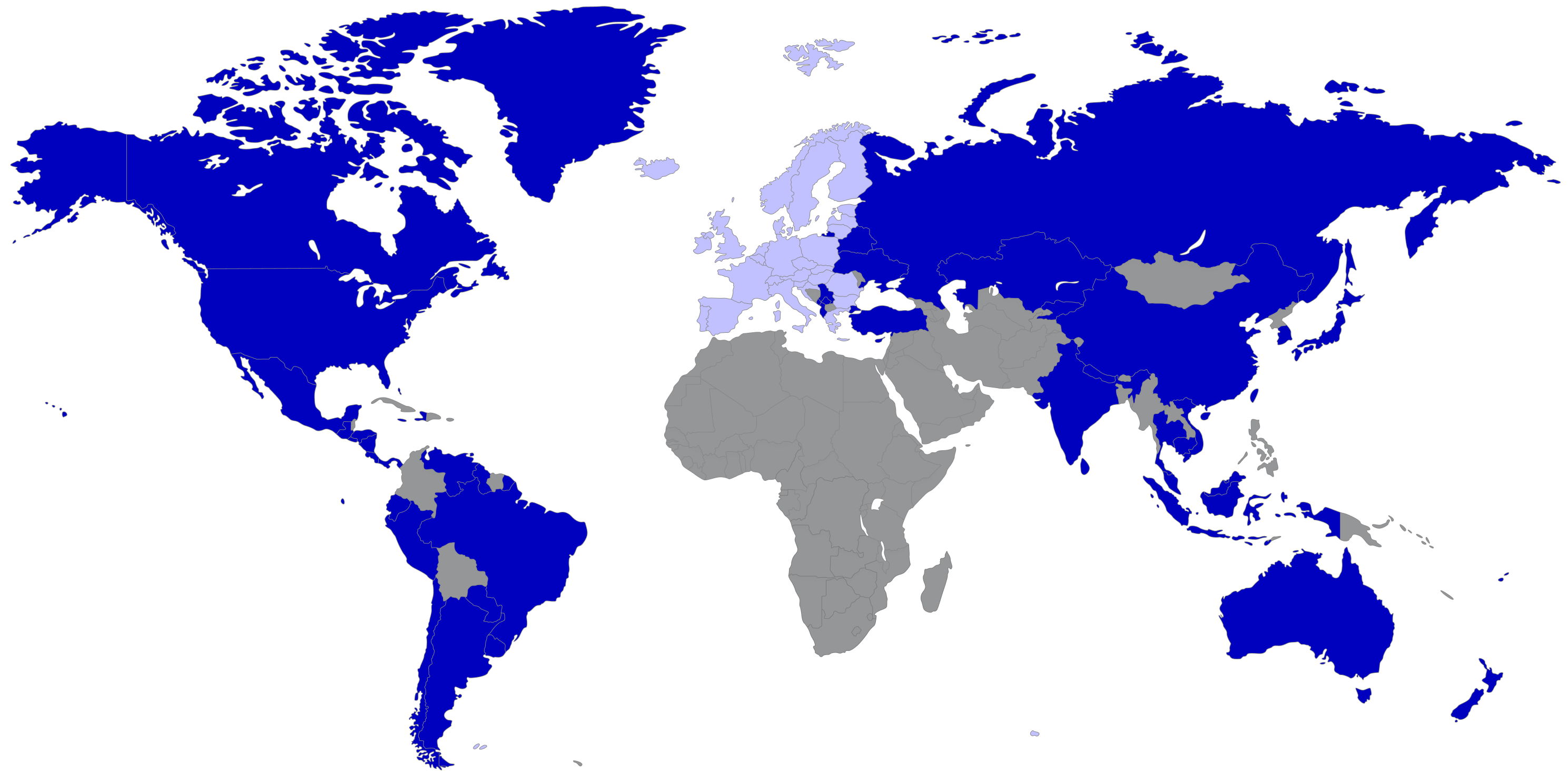 Verdens kort, hvor man kan se hvilke lande der er med i Roaming+, EU+